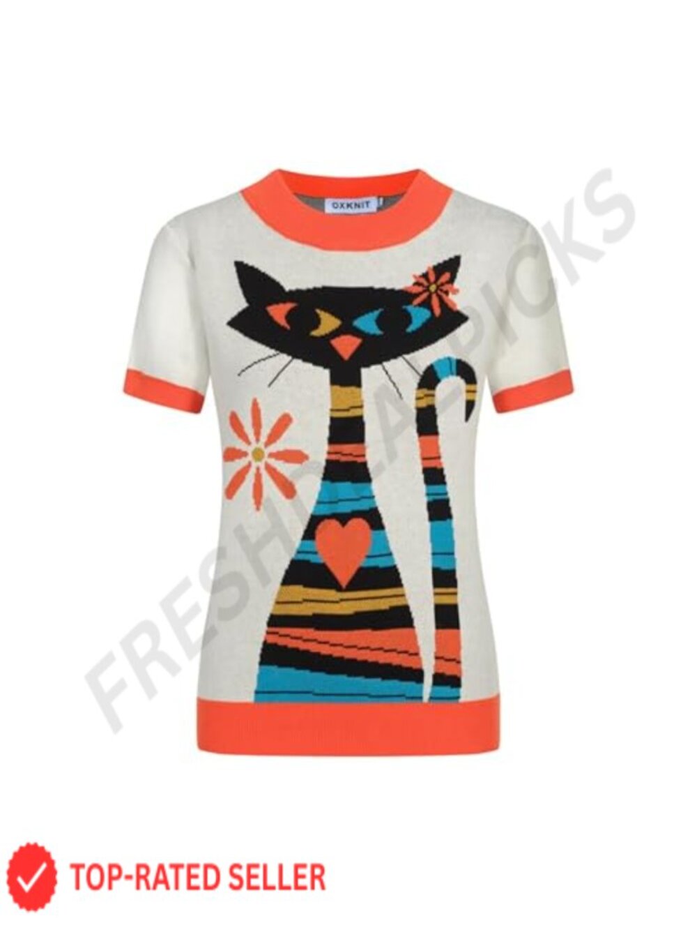 Women's Knitted Cotton T-Shirt Mod Style Painted Cat Crewneck Short Sleeve